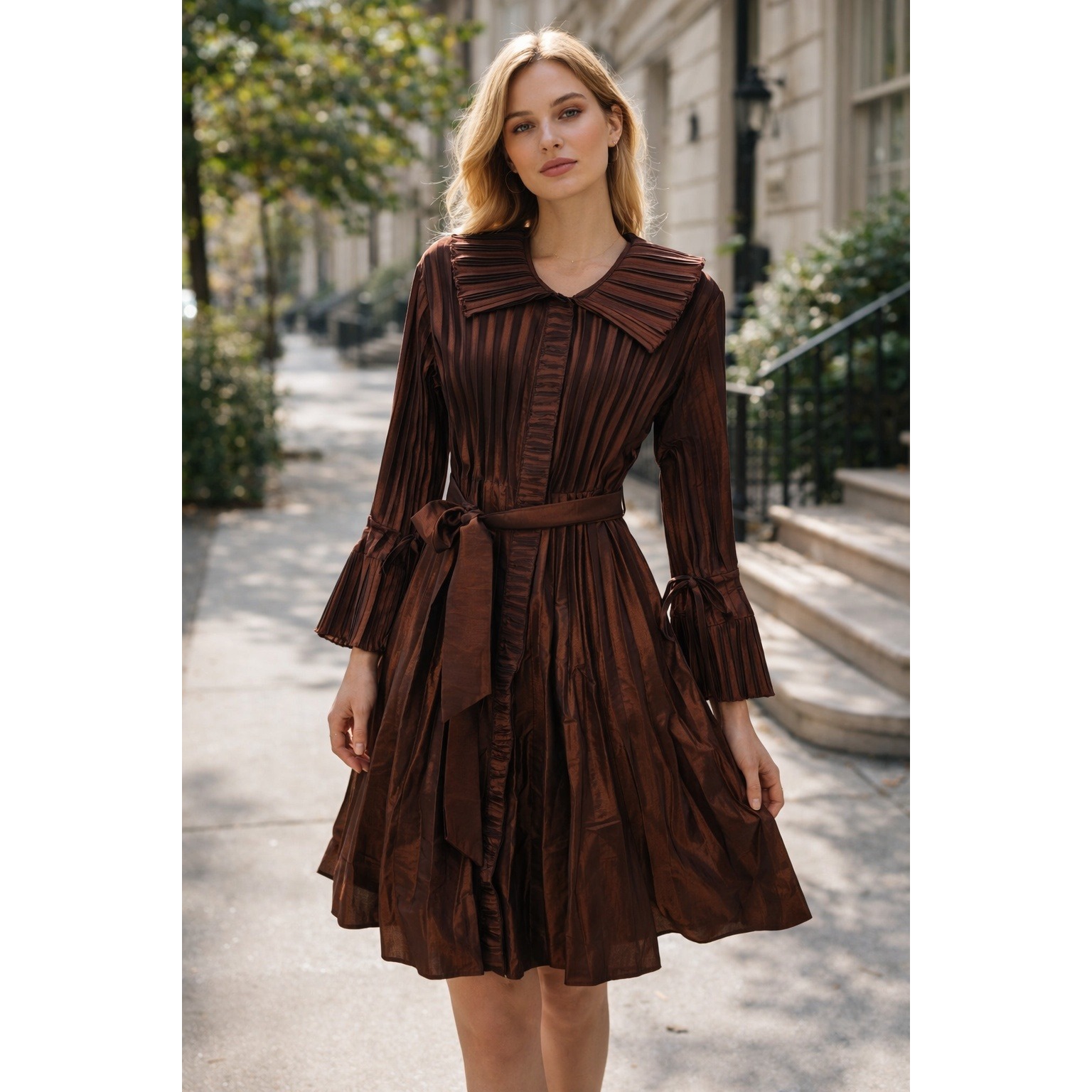 Adele Dallas Orr Pleated Metallic Bronze Mini Dress Mother Of The Bride Dress